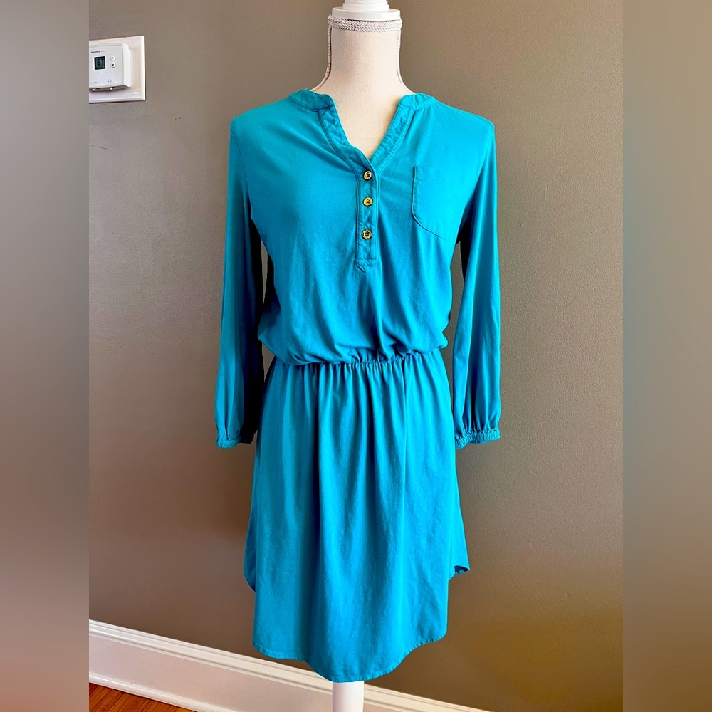 Lily Pulitzer teal long sleeve dress, elastic waist- soo comfortable!